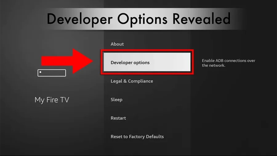 Ontwikkelaarsopties zichtbaar in het Firestick menu