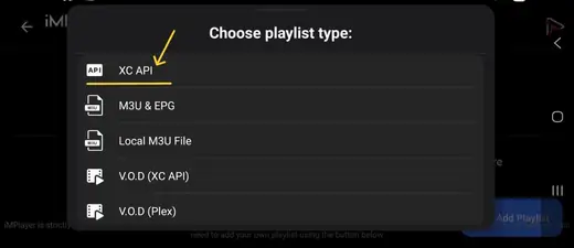 iMPlayer: playlisttype XC API kiezen