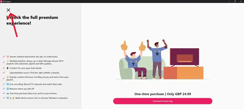 IPTV Smarters Expert: het Premium-scherm bij de eerste start, met linksboven het kruisje om het te sluiten