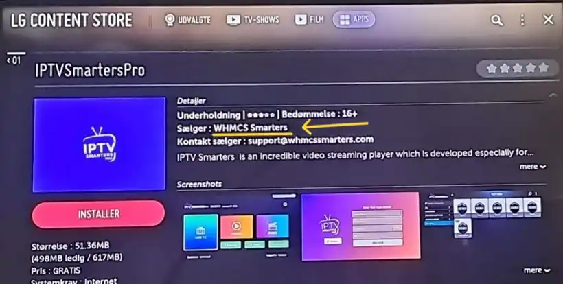 IPTVSmartersPro in de LG Content Store met verkoper WHMCS Smarters, prijs gratis en de knop Installer