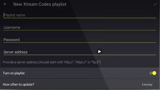 Televizo: playlistnaam, gebruikersnaam, wachtwoord en serveradres invoeren