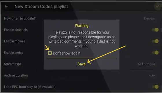 Televizo: de melding bevestigen en op Save klikken