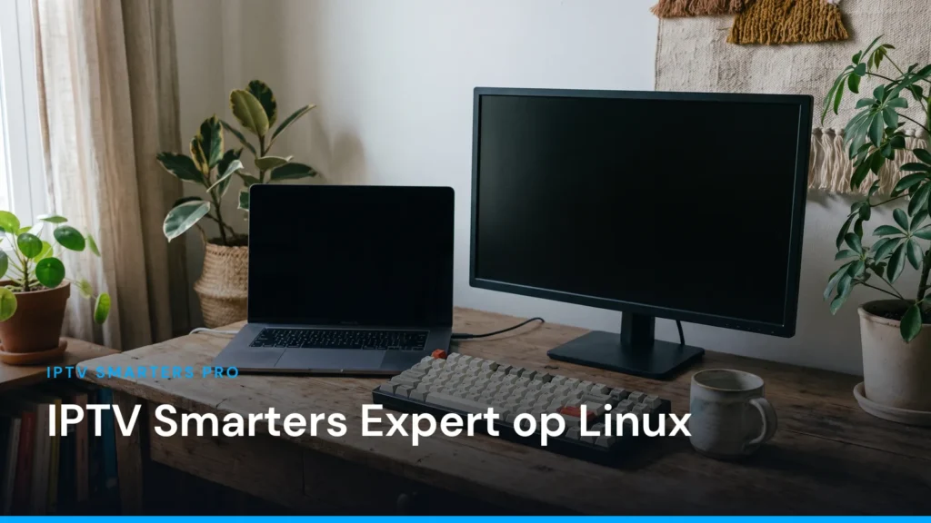 Coverafbeelding van het artikel over IPTV Smarters Expert op Linux, met de titel over een foto van een bureau met een laptop en een extern beeldscherm die beide uitstaan